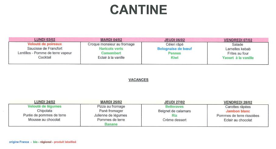 Menus fevrier